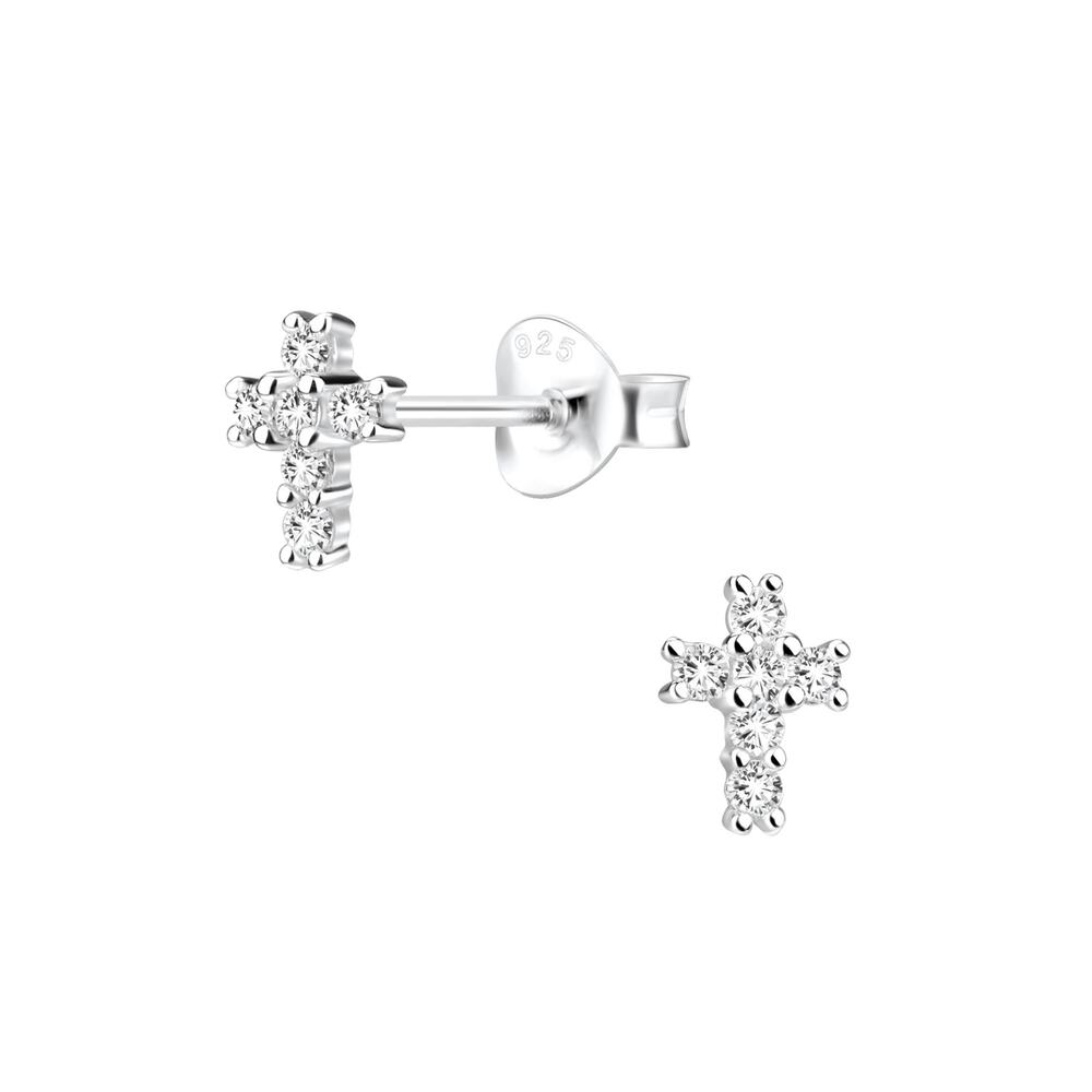 Silver Cross CZ Stud Earrings